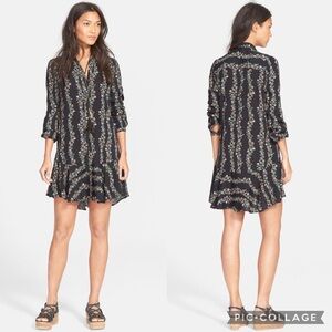 Free People Black Ditzy Floral Buttondown Drop Waist Shirt Dress
